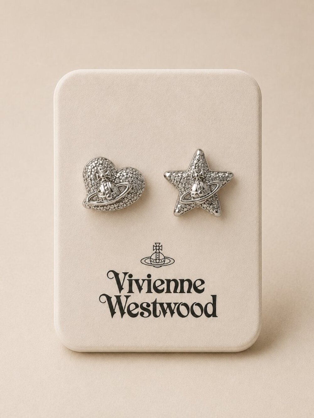 Vivienne Westwood Heart Star Stud Earrings Silver Crystal Designer Jewelry